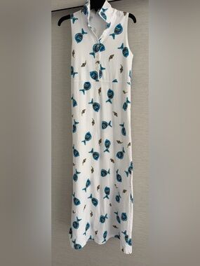Sleeveless White Maxi Dress with Blue Fish Print